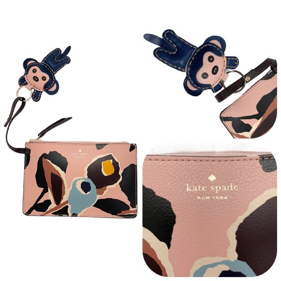 COPY - Kate Spade Abstract Zip leater Pouch w 3D Monkey key chain - Picture 3 of 11